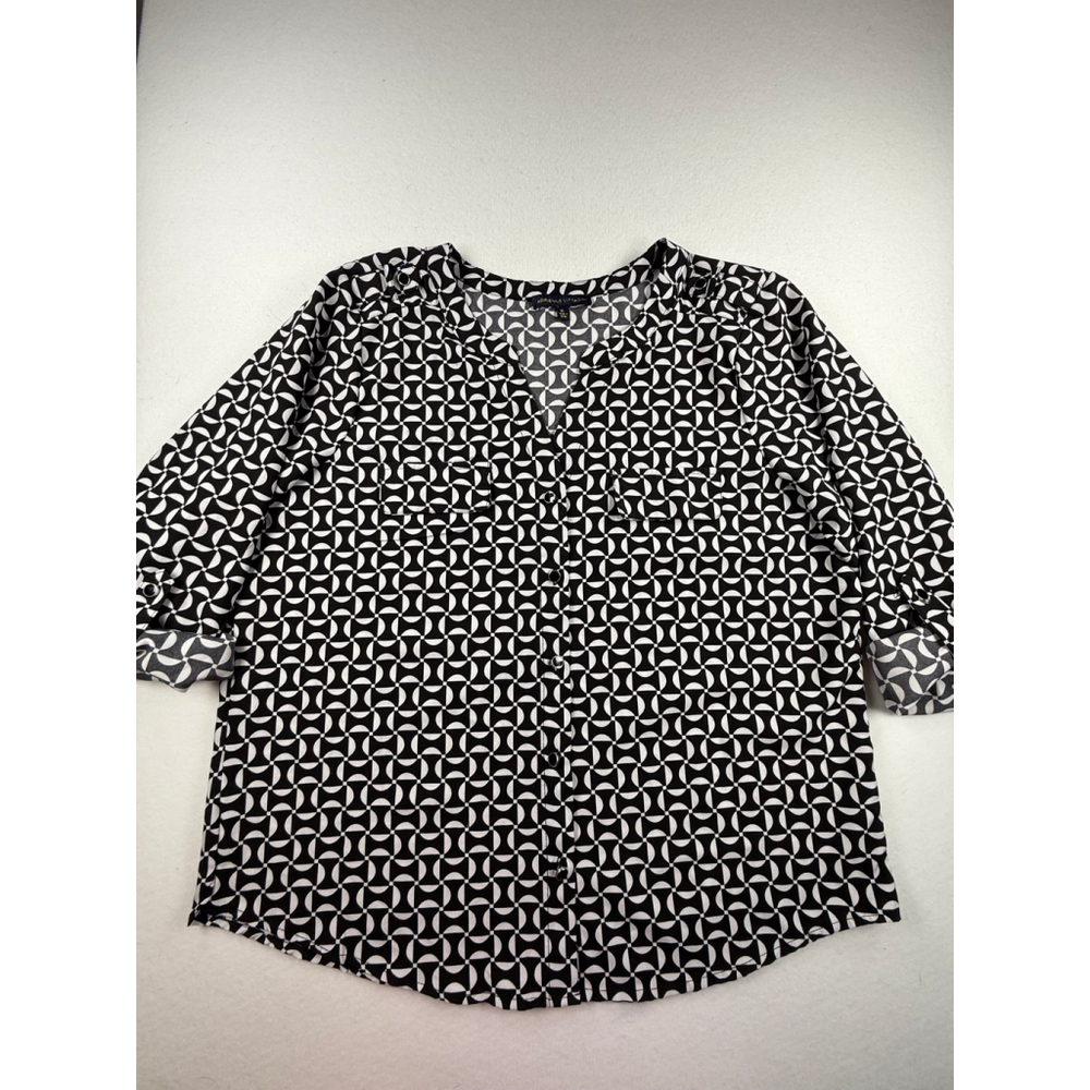 Adrienne Vittadini Women’s Black White Geometric Print Button-Up Blouse Size XL